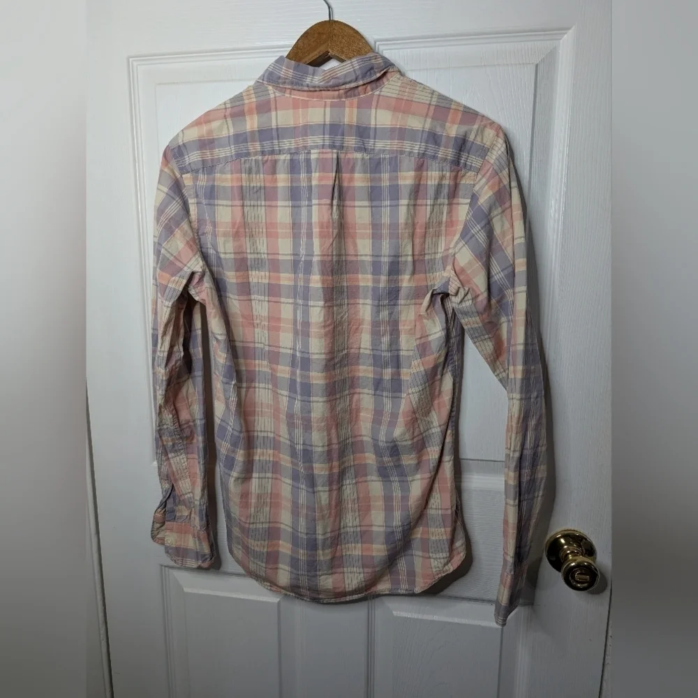 J. Crew Mens Shirt Plaid Secret Wash Slim Organic Cotton Size Small Pink Purple